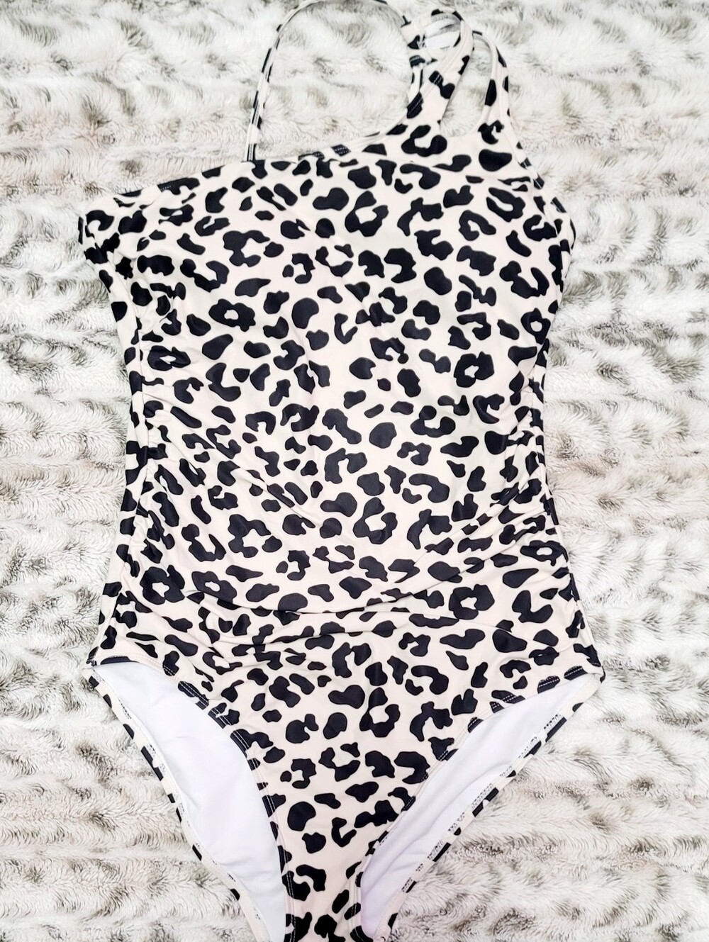 One-Shoulder Leopard Print One-Piece Swimsuit in Cream and Black - Picture 4 of 4